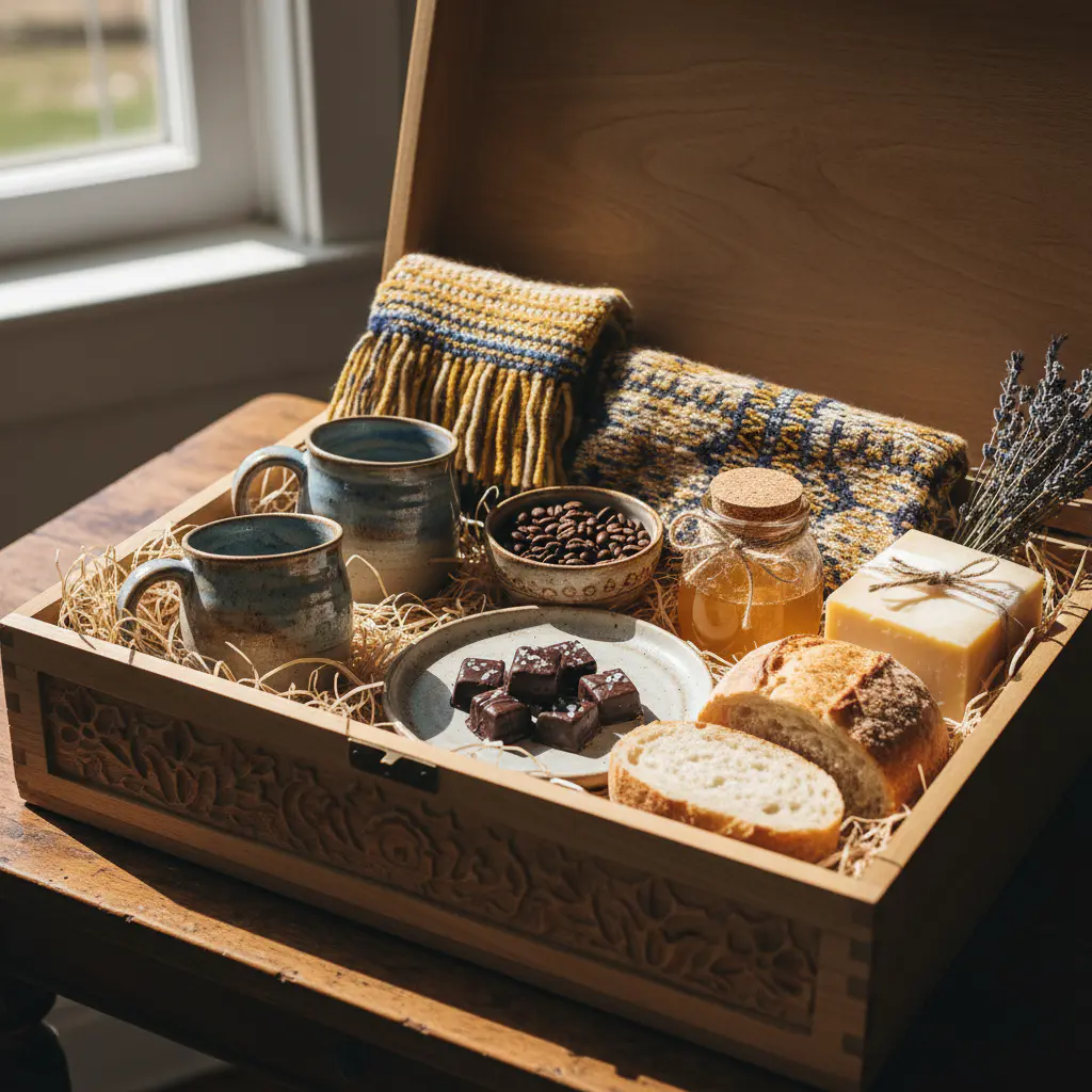 Caja artesanal con cerámicas y textiles